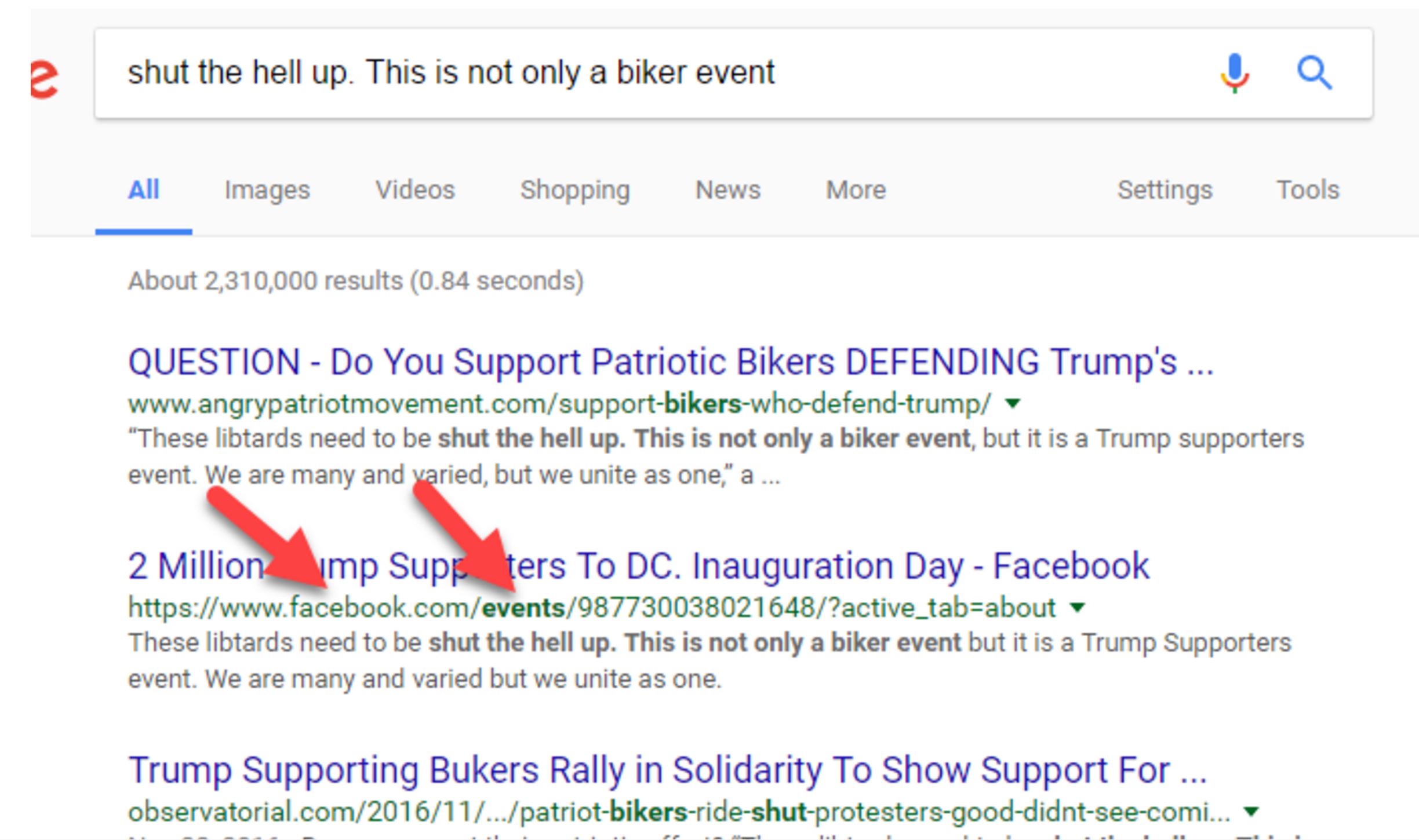 Screenshot with arrows that point to the second Google result.