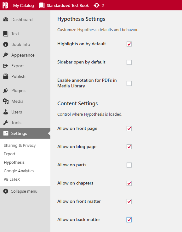 Hypothesis settings interface