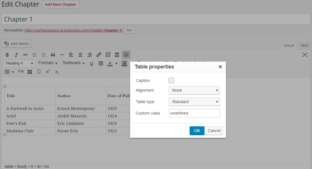 Table properties menu