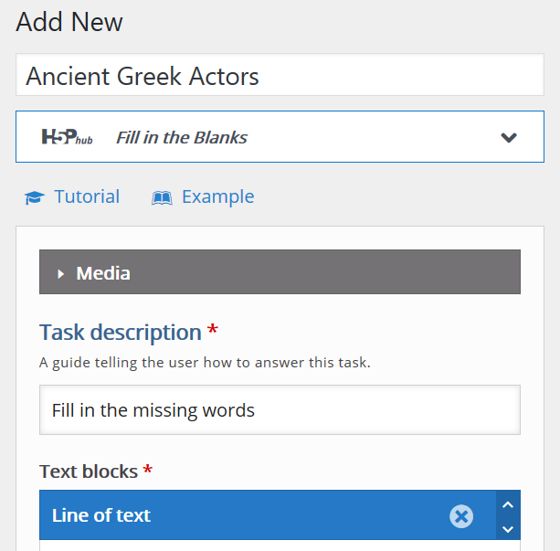 Screen for adding a new H5P content item with drop down to select content type and links to tutorials and examples