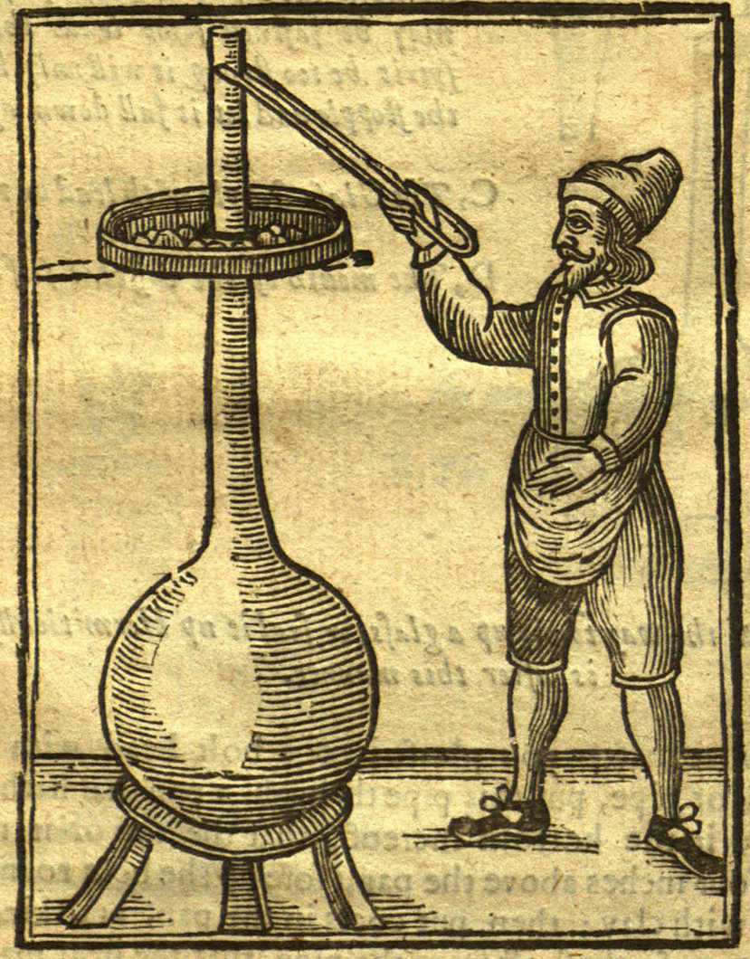 Black and white illustration of a historical pot still.